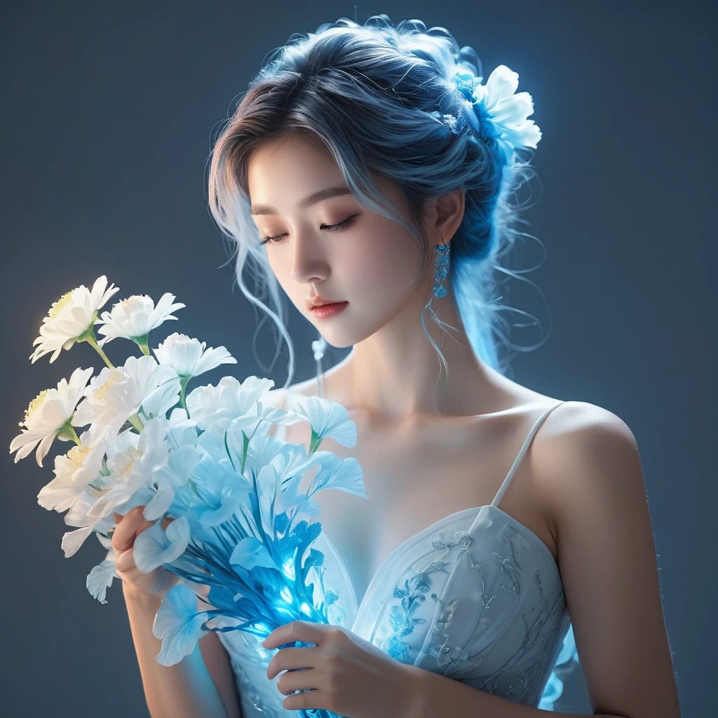 ((jewel_light element)), (Translucent luminous body_wearing a white frilly blue  silky bridesmaids dress s:1.3), (woman made of lightblue light: 1.2, Long wavy blue hairstyle with delicate features and light:1.3), (minimalism: 0.5), (Frontal close-up angle above the waist: 1.3), 4K, HDR, acid graphics, fantasy work, [Detailed and vivid faces: 0.33], (White translucent glowing body and blue hair: 1.3),(holding blue bouquets of glowing flowers),Silhouette outline and glowing beautiful girl, Understated elegance is revealed.. A calm and dignified atmosphere provides a subtle sense of luxury... gray smooth texture, stylish pose, fluorescent, glowing tattoo, bioluminescent tattoo, glowing pattern.