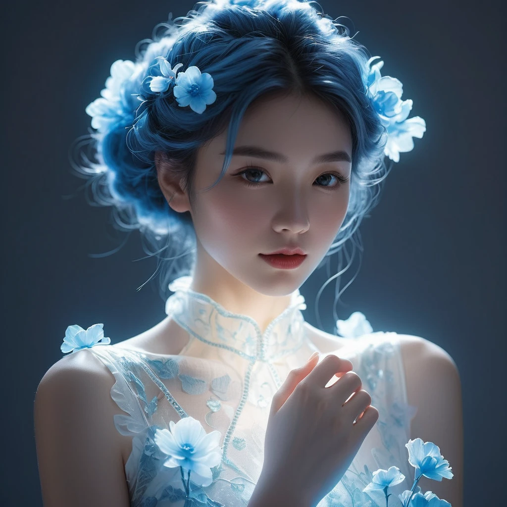 ((jewel_light element)), (Translucent luminous body_wearing a white frilly blue  silky bridesmaids dress s:1.3), (woman made of lightblue light: 1.2, Long wavy blue hairstyle with delicate features and light:1.3), (minimalism: 0.5), (Frontal close-up angle above the waist: 1.3), 4K, HDR, acid graphics, fantasy work, [Detailed and vivid faces: 0.33], (White translucent glowing body and blue hair: 1.3),(holding blue bouquets of glowing flowers),Silhouette outline and glowing beautiful girl, Understated elegance is revealed.. A calm and dignified atmosphere provides a subtle sense of luxury... gray smooth texture, stylish pose, fluorescent, glowing tattoo, bioluminescent tattoo, glowing pattern.