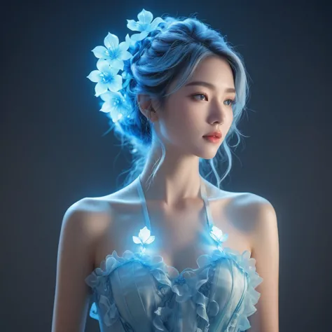 ((jewel_light element)), (translucent luminous body_wearing a white frilly blue  silky bridesmaids dress s:1.3), (woman made of ...