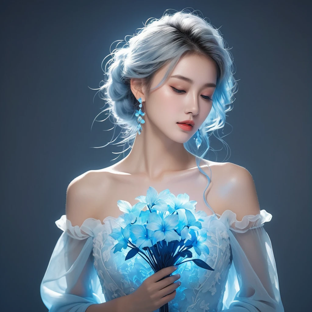 ((jewel_light element)), (Translucent luminous body_wearing a white frilly blue  silky bridesmaids dress s:1.3), (woman made of lightblue light: 1.2, Long wavy blue hairstyle with delicate features and light:1.3), (minimalism: 0.5), (Frontal close-up angle above the waist: 1.3), 4K, HDR, acid graphics, fantasy work, [Detailed and vivid faces: 0.33], (White translucent glowing body and blue hair: 1.3),(holding blue bouquets of glowing flowers),Silhouette outline and glowing beautiful girl, Understated elegance is revealed.. A calm and dignified atmosphere provides a subtle sense of luxury... gray smooth texture, stylish pose, fluorescent, glowing tattoo, bioluminescent tattoo, glowing pattern.