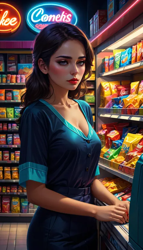 realistic digital painting,midnight convenience store,sleeping woman cashier,tired sleepy face,detailed eyes,detailed lips,one girl,glowing fluorescent lights,flickering neon signs,shelves stocked with snacks and drinks,rows of colorful packaged goods,tired hands,empty store,somber atmosphere,polished cash register,quietness,soft background music,vivid colors,digital realism,vibrant urban scene,calming color palette,dark shadows,subtle highlights,cozy feel