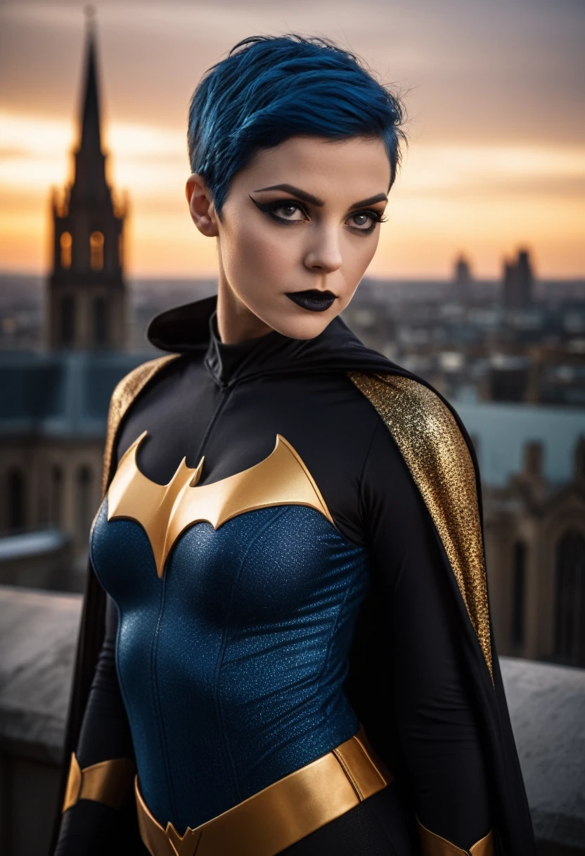 cinematic film still , night time, short blue hair, ((nubile toned superhero on a gothic cathedral roof top)), batgirl, beautiful detailed eyes, ((intense sorrow expression)), vibrant colors, skintight( black orange and gold:1.3) intricately detailed skin tight superhero bodysuit, cape, shoulder pads, ((Gotham city background)), (black eyeliner, goth makeup:1.3), . shallow depth of field, vignette, highly detailed, high budget, bokeh, cinemascope, moody, epic, gorgeous, film grain, grainy