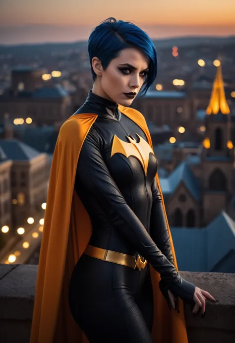 cinematic film still , night time, short blue hair, ((nubile toned superhero on a gothic cathedral roof top)), batgirl, beautifu...