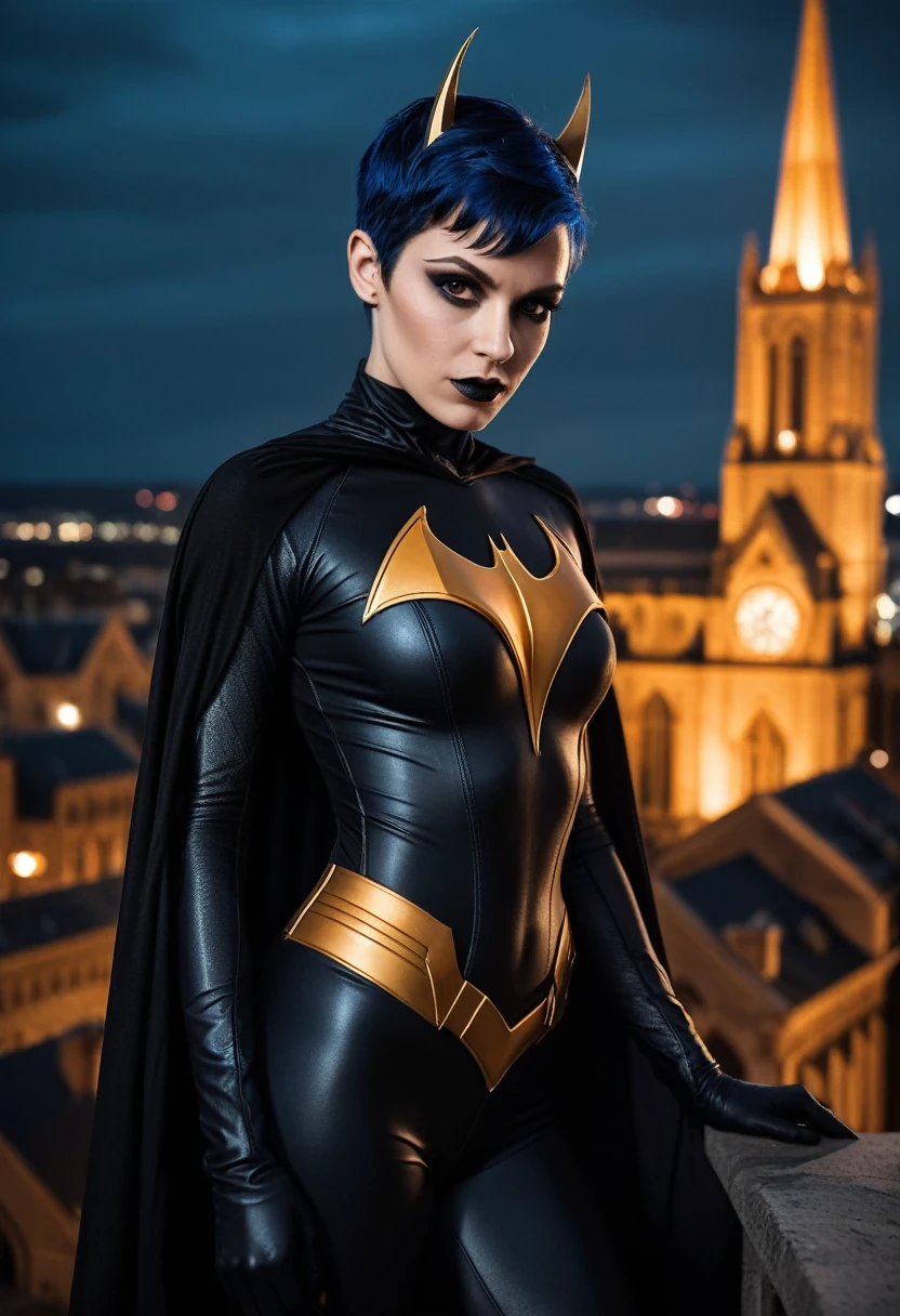 cinematic film still , night time, short blue hair, ((nubile toned superhero on a gothic cathedral roof top)), batgirl, beautiful detailed eyes, ((intense sorrow expression)), vibrant colors, skintight( black orange and gold:1.3) intricately detailed skin tight superhero bodysuit, cape, shoulder pads, ((Gotham city background)), (black eyeliner, goth makeup:1.3), . shallow depth of field, vignette, highly detailed, high budget, bokeh, cinemascope, moody, epic, gorgeous, film grain, grainy