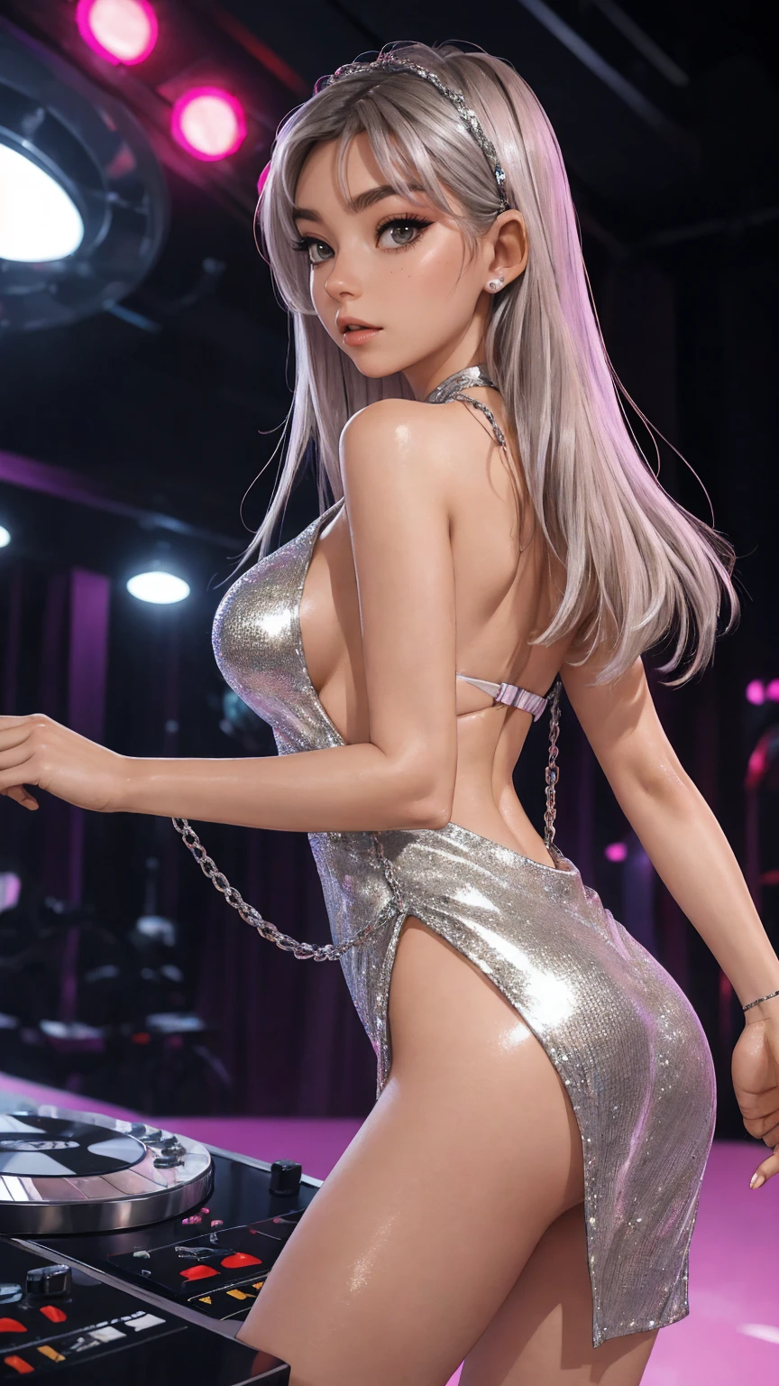 woman in a ((metallic dress)), ((dancing sensual)), ((in front of a dj), sexy dress, sexy girl, trending at cgstation, nightclub dancing inspired, korean girl, (sexy pose), in a nightclub, ((gogo dancer)), she is dancing, dj sura, dj set, ((tight dress)), taken in night club, ((very sexy outfit)), electronic bikini, amouranth, tight attire araffed woman in a silver dress sexy pose, sexy dress, showing her shoulder from back, wearing a sparkling dress, tzuyu from twice, she is dancing, tight dress, as though she is dancing, her back is to us, very sexy outfit, lalisa manobal, korean idol, sexy looka woman in a grey dress standing on a white background, diamond shimmering dress, draped in crystals, femme, halter-top, chrome outfit, silver garment, chain mail, 3 - piece, chainmail, white silver bikini, bottom angle, medium, mugler, hot , heat shimmering, crystal-embellished, midriff, y2k”