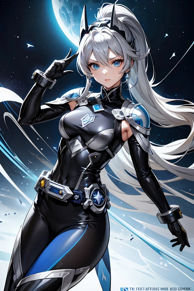 name: Kamen Rider Selene（Kamen Rider Selene）
gender: Female Age: Age 25 Occupation: Astronomer and hero appearance height: 170 cm Body Type: Slim and muscular Hair color: Silver blonde hairstyle: Long Hair、ponytail
Eye color: Deep blue
【【コスチューム
スーツのdesign:
Color: Metallic blue and silver as the base color、The design is dotted with star patterns reminiscent of the night sky.。
Helmet: On a silver base、Blue visor。The visor is decorated with a moon shape.。
armor: Made from lightweight titanium alloy、Emphasis on ease of movement。Streamlined protectors on shoulders and knees。
Boots and gloves: Boots are knee-high、Gloves up to the elbow。Both are silver、There is a blue line。
Weapons and Equipment Main Weapon:
name: Lunar Blade（Luna Blade）
design: Moon-shaped sword、Features shiny edges。The handle is decorated with stars。
Secondary Weapon:
name: Stardust Shooter（Stardust Shooter）
design: A small light gun、Fires star-shaped energy bullets。
Transformation Belt:
name: Selene Driver（Selene Driver）
design: Silver and blue belt、The moon and star emblem shines in the center.。The emblem lights up when transforming.、Star effect appears。】】