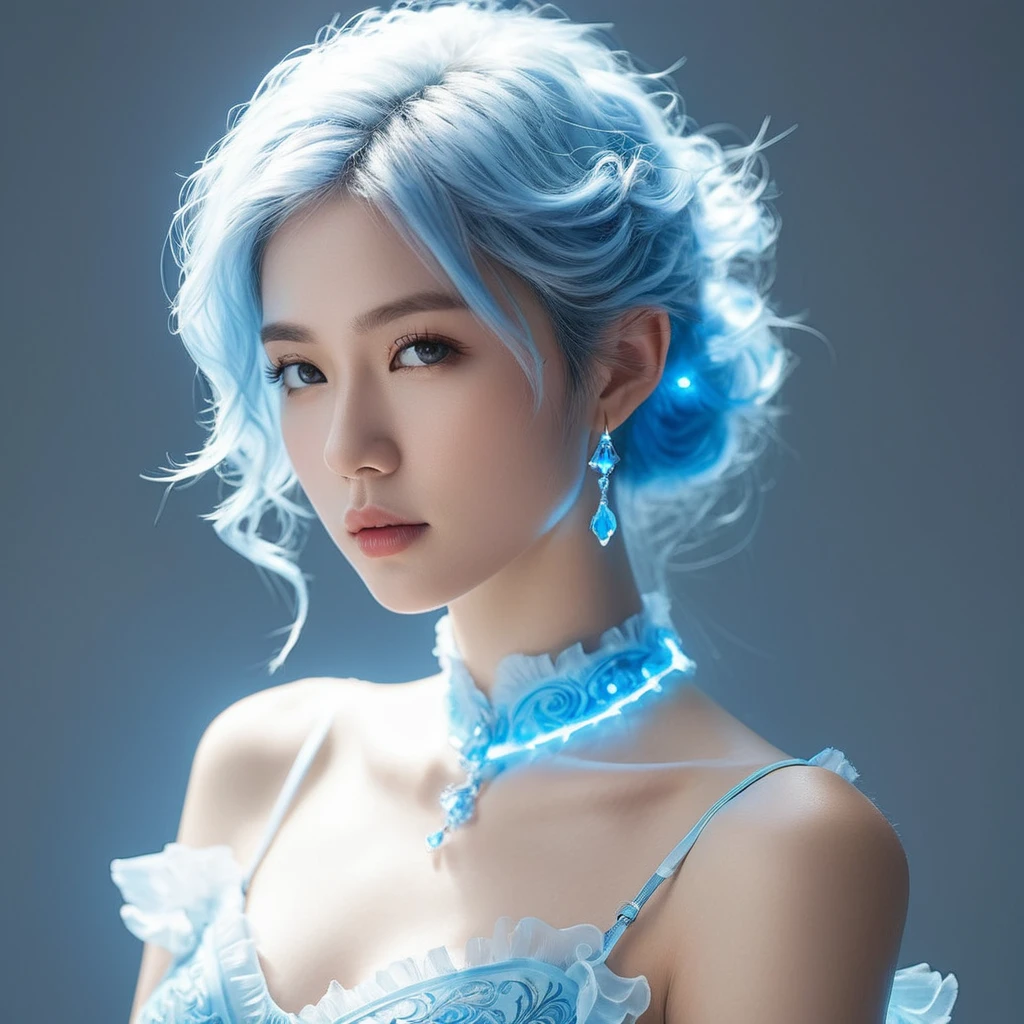 ((jewel_light element)), ( luminous body_wearing a  frilly blue  toxedo groomsmen attire s:1.3), (man made of lightblue light: 1.2,  wavy blue hairstyle with delicate features and light:1.3), (minimalism: 0.5), (Frontal close-up angle above the waist: 1.3), 4K, HDR, acid graphics, fantasy work, [Detailed and vivid faces: 0.33], (white translucent glowing  blue hair: 1.3),,Silhouette outline and glowing handsome man, Understated elegance is revealed.. A calm and dignified atmosphere provides a subtle sense of luxury... gray smooth texture, stylish pose, fluorescent, glowing tattoo, bioluminescent tattoo, glowing pattern. Wearing blue toxedo 