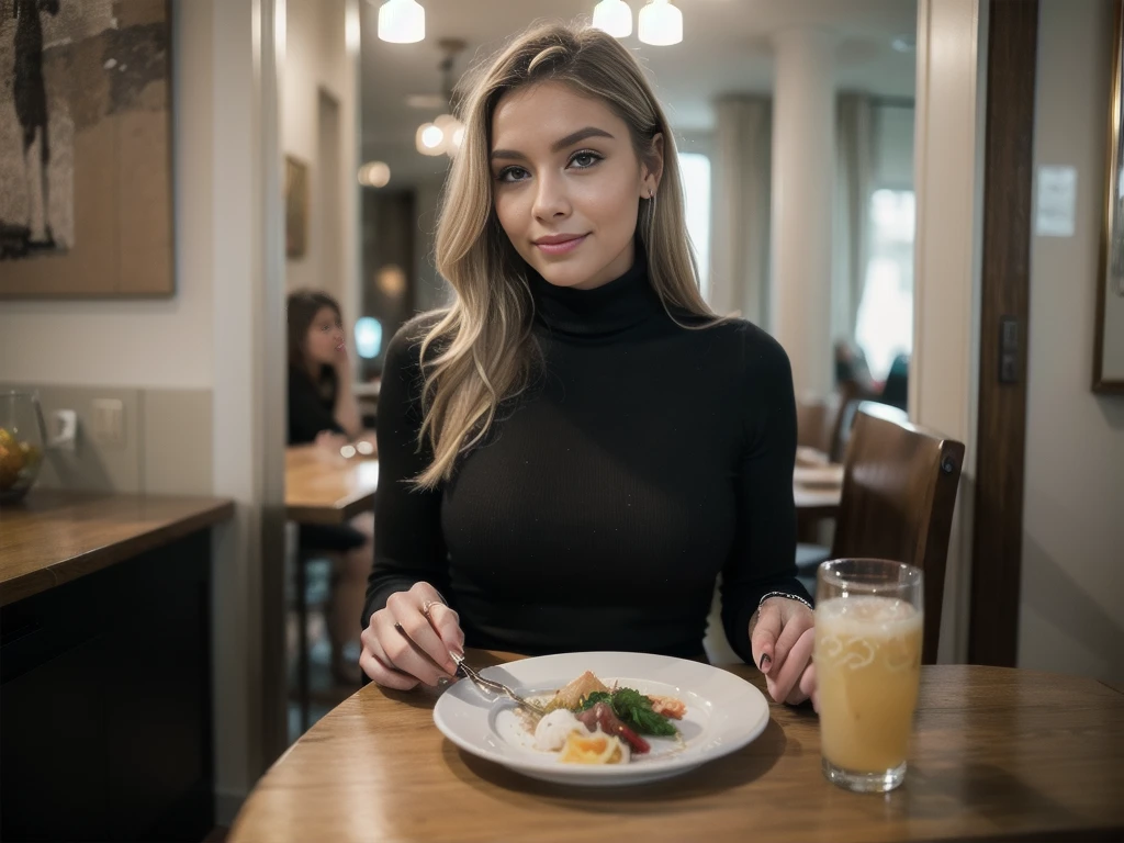 a beautiful woman, platinum blonde hair, in a cold coat, with high neck dress, black pants and boots fashion 2024, posing for a full-length photo on Instagram, healthy and glowing face, happy expression, satisfied with her silky hair and perfect body, posing for a blogger style photo,sitting at the table eating a typical Portuguese dish, she is at the ÀCOSTA restaurant in Lisbon, Portugal, beautiful detailed eyes, beautiful detailed lips, extremely detailed hair, natural dynamic lighting, Vibrant, wavy colors, Day Light, (best quality , 4K , 8k, high resolution, Art -Prime: 1.2), ultra details, (realisitic, fotorrealisitic, fotorrealisitic: 1.37), HDR, ultra HD, studio lighting, ultra-fine painting, sharp focus, Physically based rendering , extremely specific description , proffesional, bright coloured, bokeh, portraits, moderno, dynamic, confident