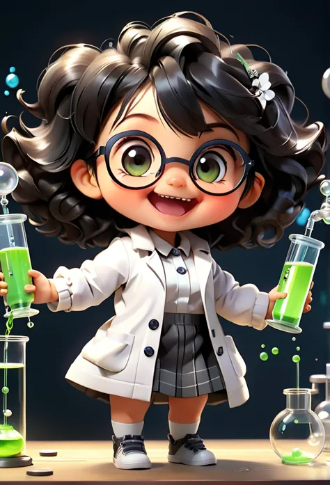 (((chibi baby uhd)))chemistry  mascot and , atoms, molecules ,has black hair , blind box style and model with popular market sty...