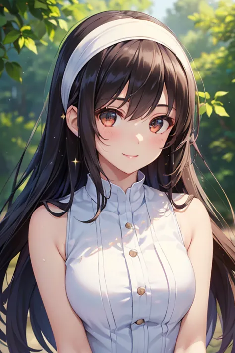 poetry of the hills、shiny black hair, long hair, (beautiful brown eyes、sparkling eyes, fine grain、white horseshoe headband)、smil...