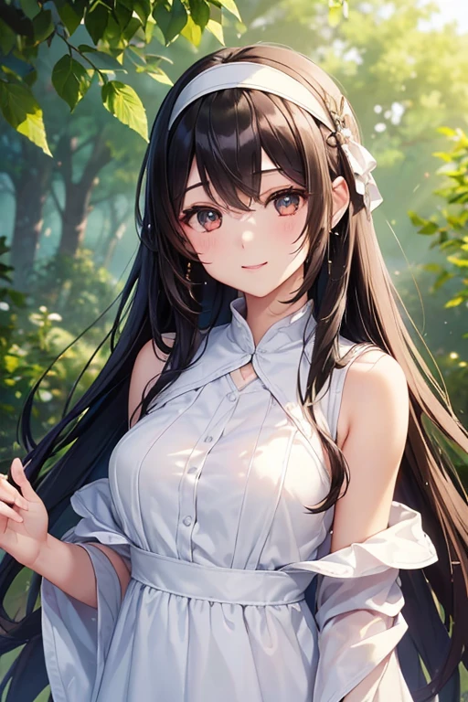 Poetry of the Hills、Shiny black hair, Long Hair, (Beautiful brown eyes、Sparkling eyes, Fine grain、White horseshoe headband)、smile、Super detailedな目、Highly detailed face, Highly detailed eyes, 

(masterpiece, Highest quality, Super detailed:1.4), (masterpiece), (Highest quality), (Beautiful eyes and face), (Perfect female body), (Glowing Skin), Cowboy Shot, 

young woman、smile、((ストレートLong Hair))、blush、((masterpiece、High resolution、16K))、((sleeveless white mini dress))、(Very close:1.5)、Forest Park(Focus on the upper body:1.5)、((Wave to me))