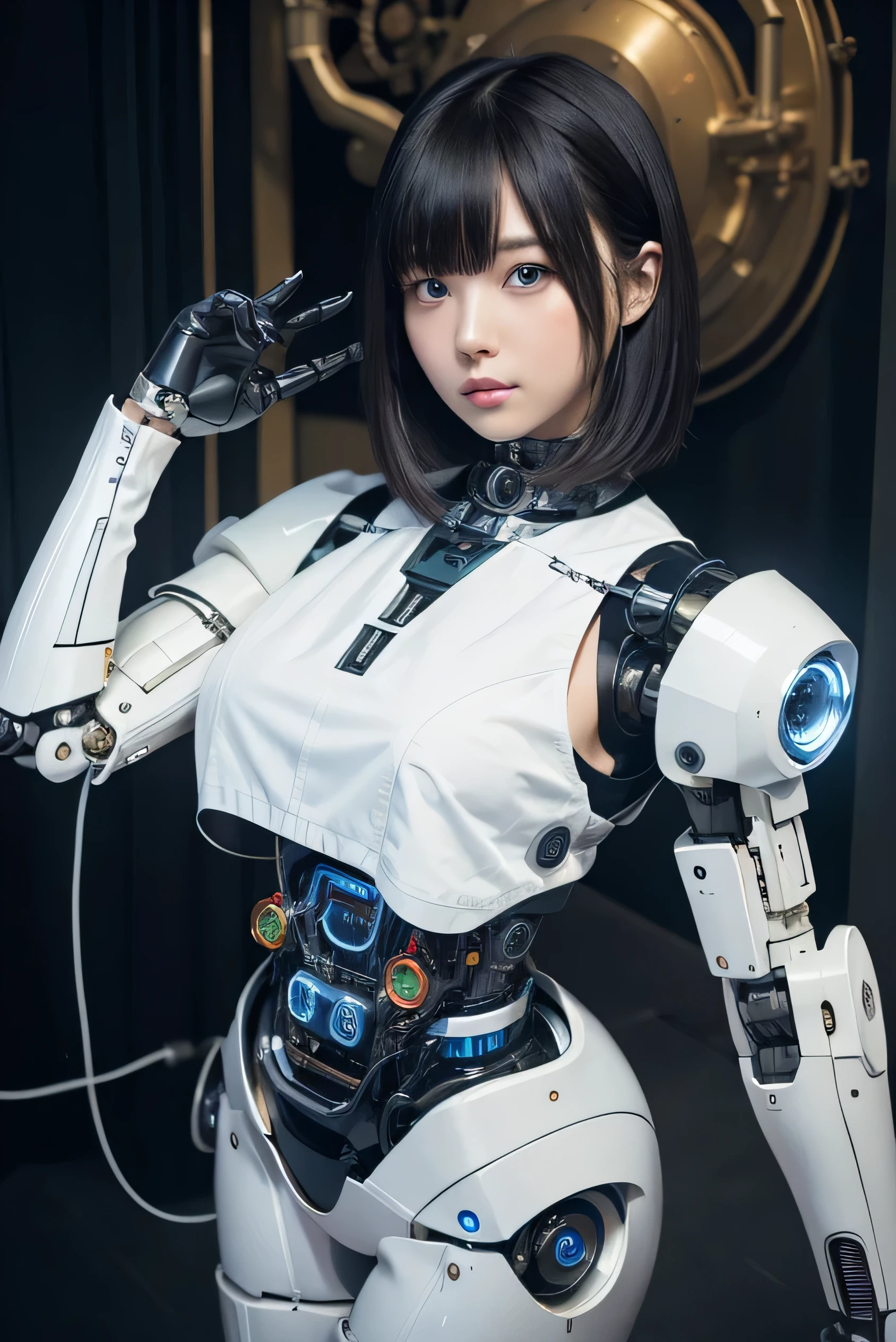 masterpiece, best quality, extremely detailed,8k portrait,Japaese android girl,Plump , control panels,android,Droid,Mechanical Hand, Robot arms and legs, Black hair,Blunt bangs,perfect robot girl,long tube,thick cable connected her neck,android,robot,humanoid,cyborg,japanese cyborg girl ,robot-assembly plant,She has assembled now,assembly scene,white robot body,blue eyes, 