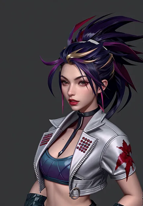 kda akali red clothing design, patterns, scars and blood on the face, akali haircut , realistic photo