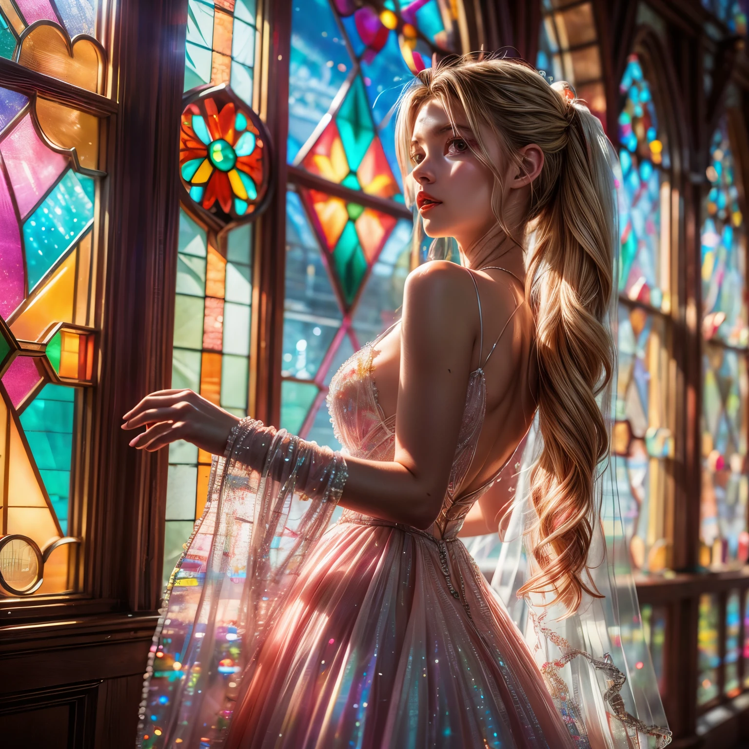 RubyRed (ZoomedOut:1.28) ZoomLayer, TopQuality 8K masterpiece of ((Professional photo)), (((Clarisse de Cagliostro))) (Detailed Delicate White WeddingDresses), Chain, Extremely detailed (KAWAII face) {(VeiledFace)|BlondeHair|(Spanking BuleEyes)}, The background is distant ((Elaborate PrimaryColors stained glass)) Rainbow Glass, MysticSight, GodRays, Radiant PearlSkin with Transparency, (Exposed:0.28)