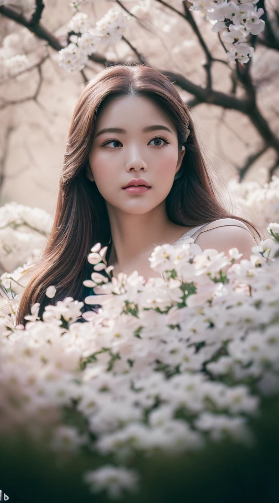 (Best quality, 4K, 8K, A high resolution, Masterpiece:1.2), Ultra-detailed, (Realistic, Photorealistic, photo-realistic:1.37), Portrait, Beautiful flowing long hair, Gray iris，vacant gaze, Plump pink lips, The ends of the hair are dotted with white flowers, Slender figure, Panoramic view, black formal, Detailed legs