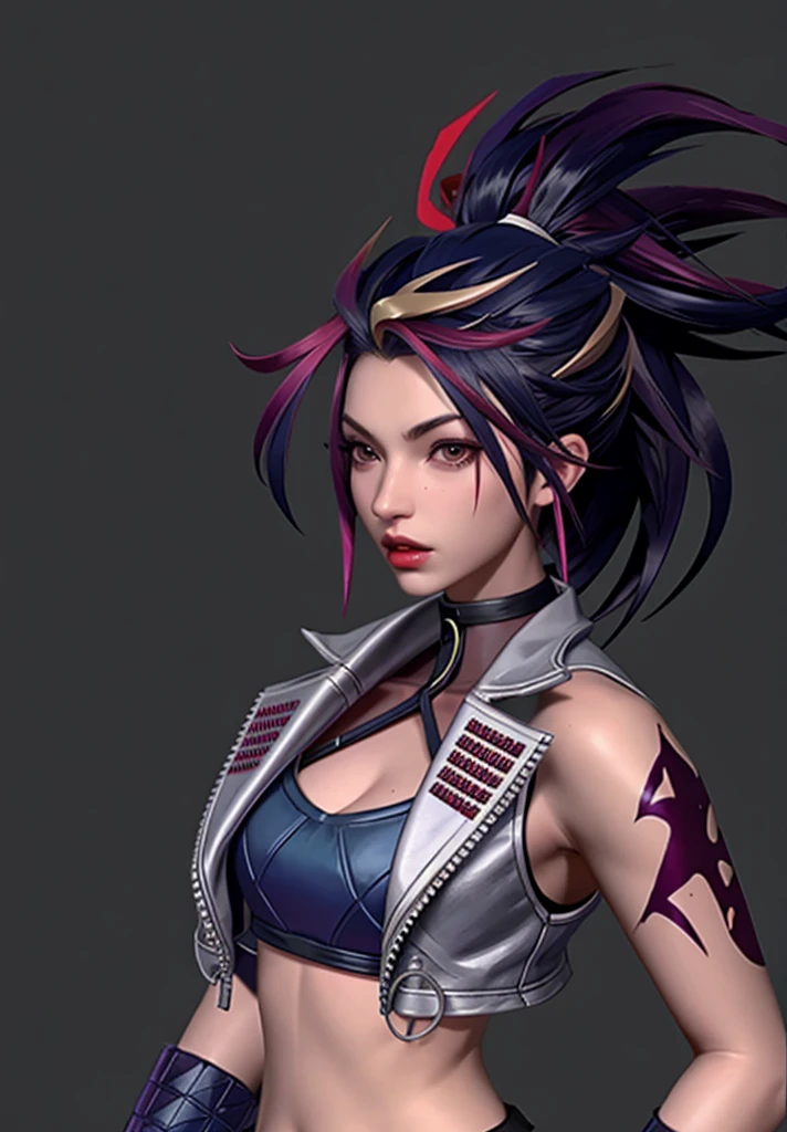 KDA Akali Red clothing design, patterns, scars and blood on the face, Akali Haircut , Realistic photo . 8K