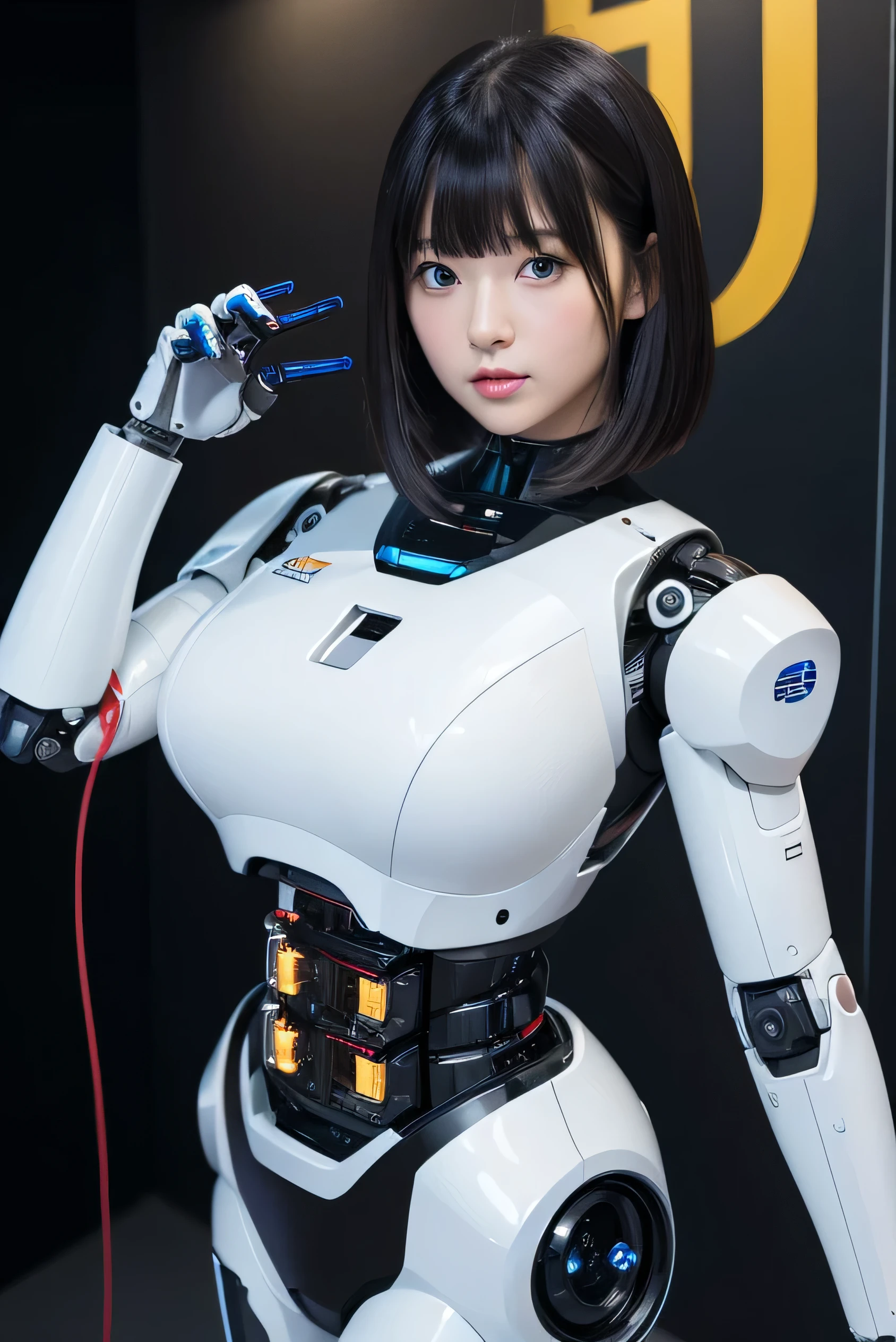 masterpiece, best quality, extremely detailed,8k portrait,Japaese android girl,Plump , control panels,android,Droid,Mechanical Hand, Robot arms and legs, Black hair,Blunt bangs,perfect robot girl,long tube,thick cable connected her neck,android,robot,humanoid,cyborg,japanese cyborg girl ,robot-assembly plant,She has assembled now,assembly scene,white robot body,blue eyes, 