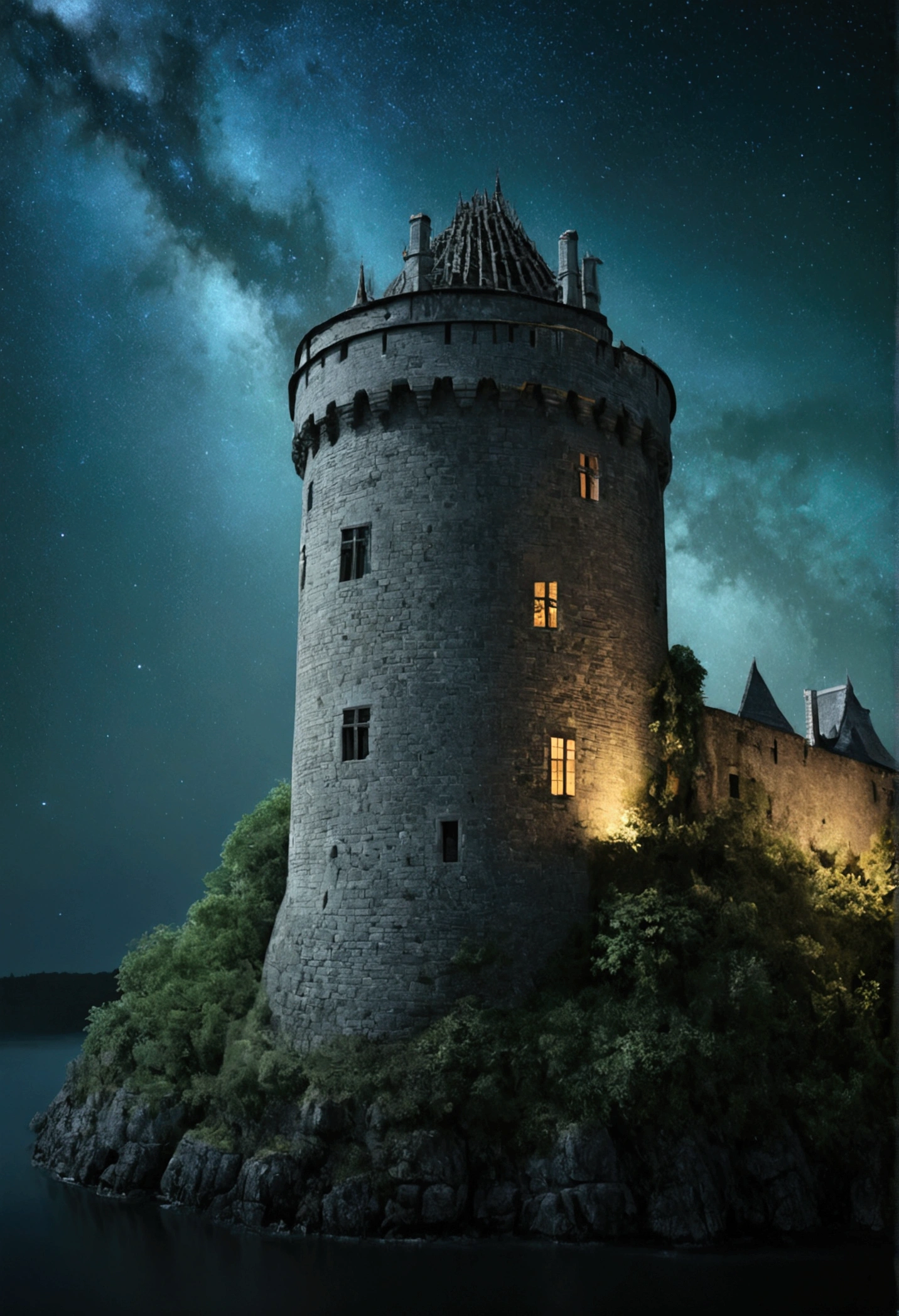 An island in the center at the edges a dark forest in the center a castle in the Dark fantasy style, night, stars, everything is gloomy