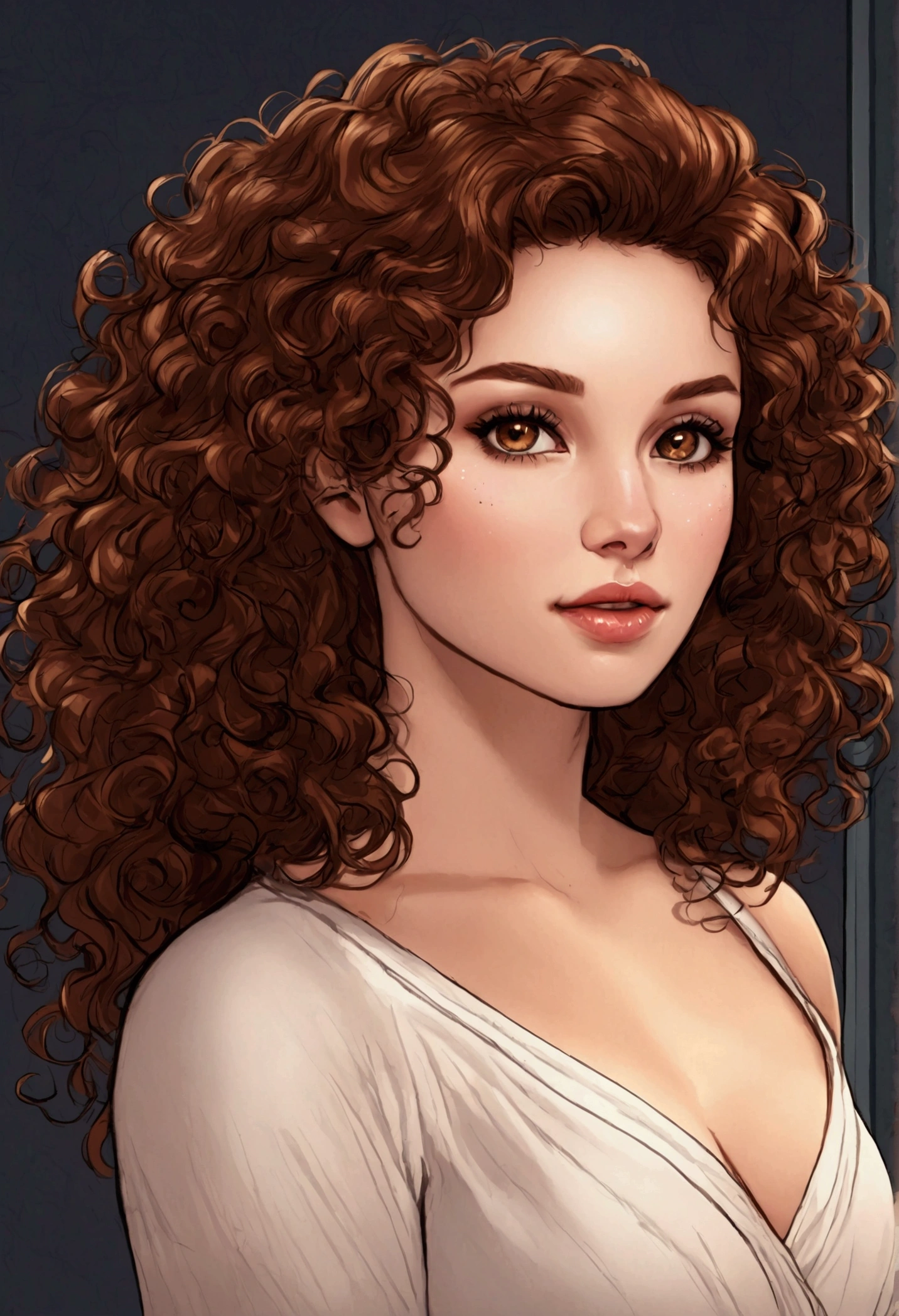 A young woman with white skin and brown hair, curly hair, 