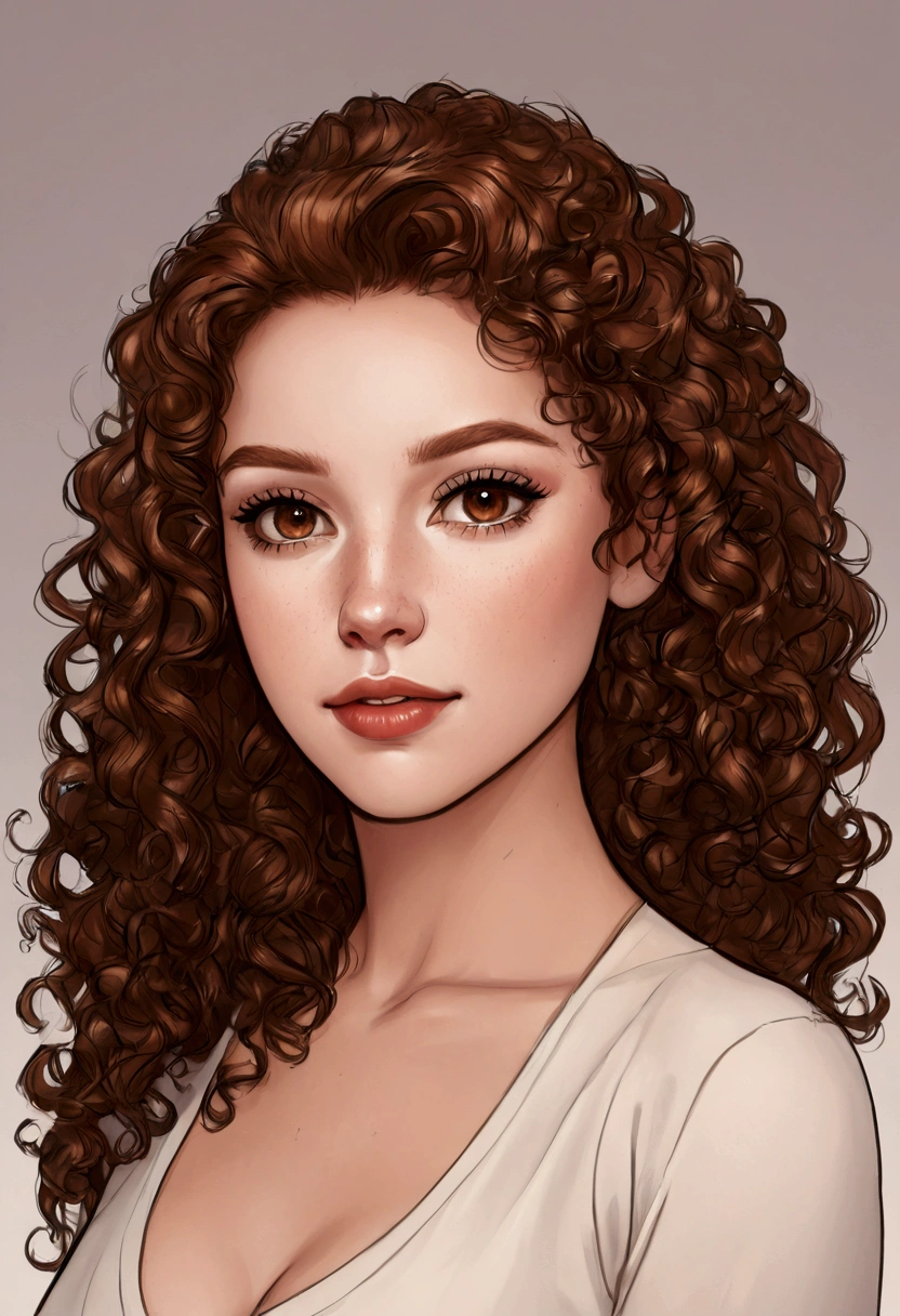 A young woman with white skin and brown hair, curly hair, 