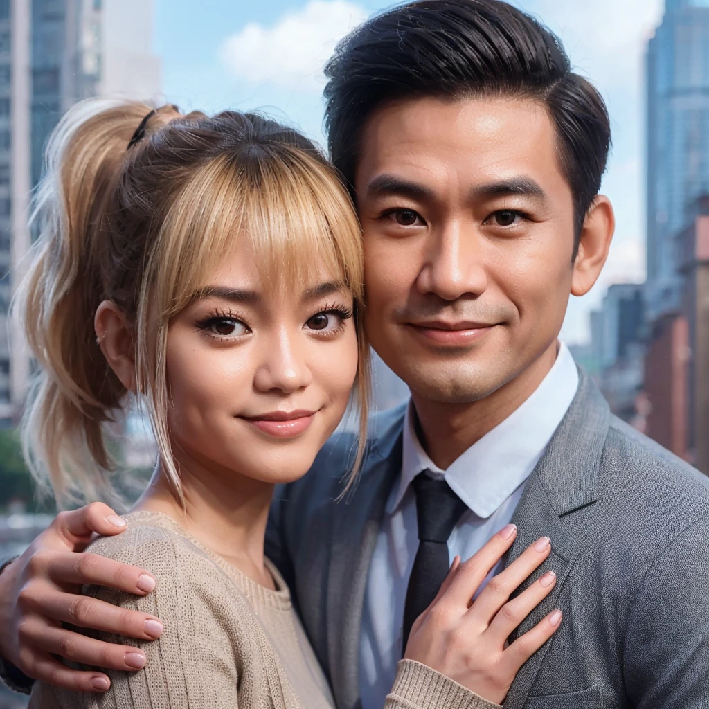 realistic 3D caricature half body photo. a 30 year old ethnic Chinese woman, blonde hair tied in a ponytail with short bangs, was hugging a 40 year old ethnic Chinese man, short hair neatly parted at the sides. Hong Kong city background.