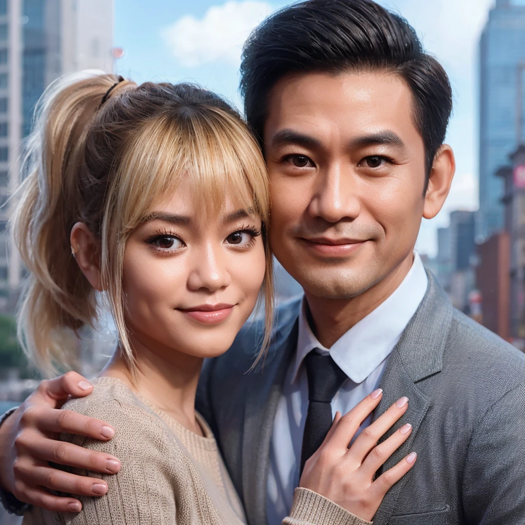 realistic 3D caricature half body photo. a 30 year old ethnic Chinese woman, blonde hair tied in a ponytail with short bangs, was hugging a 40 year old ethnic Chinese man, short hair neatly parted at the sides. Hong Kong city background.