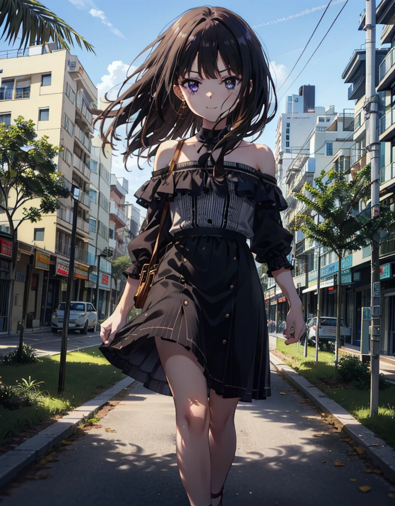 Takiuchikami, Long Hair, bangs, Black Hair, (Purple eyes:1.2),Blue off-shoulder dress,Long skirt,Heeled Sandals,Daytime,sunny,Palm tree,Walking,smile,Shut your mouth.,blush,whole bodyがイラストに入るように,
break outdoors, tropical,Building district,
break looking at viewer, whole body,
break (masterpiece:1.2), Highest quality, High resolution, unity 8k wallpaper, (shape:0.8), (Beautiful attention to detail:1.6), Highly detailed face, Perfect lighting, Extremely detailed CG, (Perfect hands, Perfect Anatomy),