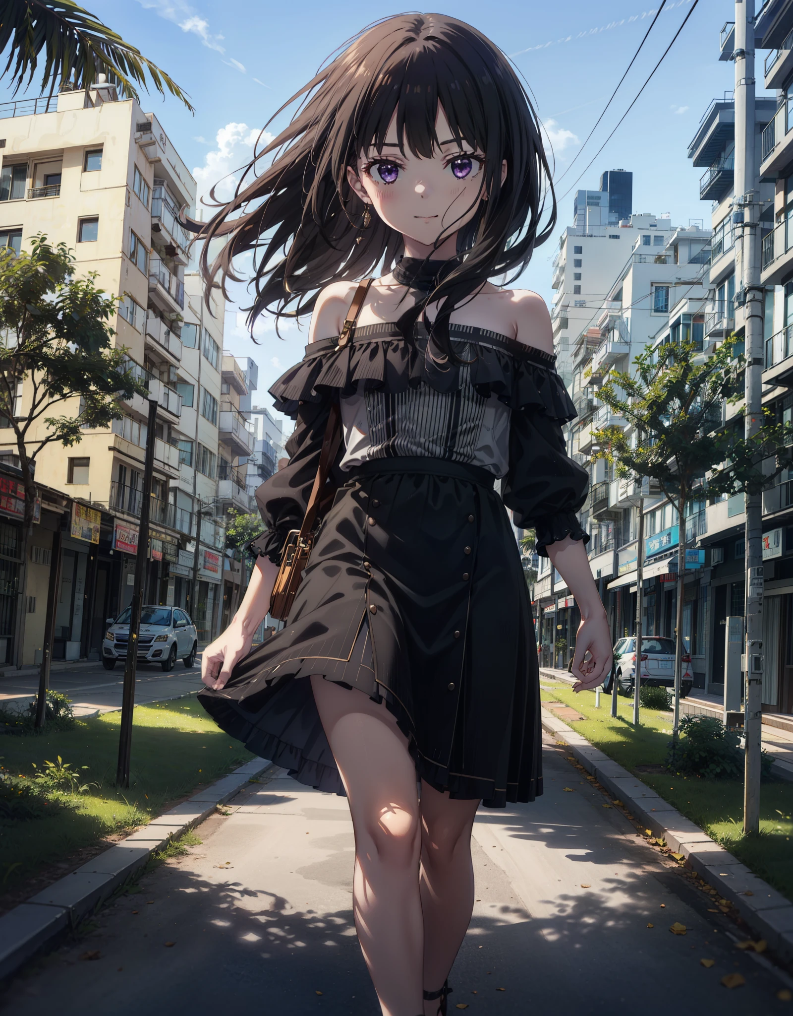 Takiuchikami, Long Hair, bangs, Black Hair, (Purple eyes:1.2),Blue off-shoulder dress,Long skirt,Heeled Sandals,Daytime,sunny,Palm tree,Walking,smile,Shut your mouth.,blush,whole bodyがイラストに入るように,
break outdoors, tropical,Building district,
break looking at viewer, whole body,
break (masterpiece:1.2), Highest quality, High resolution, unity 8k wallpaper, (shape:0.8), (Beautiful attention to detail:1.6), Highly detailed face, Perfect lighting, Extremely detailed CG, (Perfect hands, Perfect Anatomy),