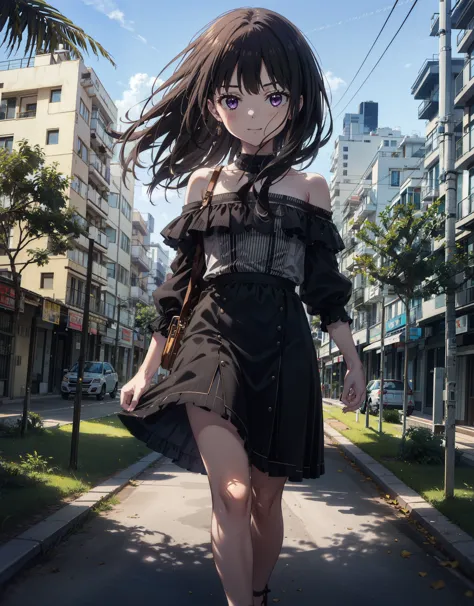 Takiuchikami, Long Hair, bangs, Black Hair, (Purple eyes:1.2),Blue off-shoulder dress,Long skirt,Heeled Sandals,Daytime,sunny,Pa...