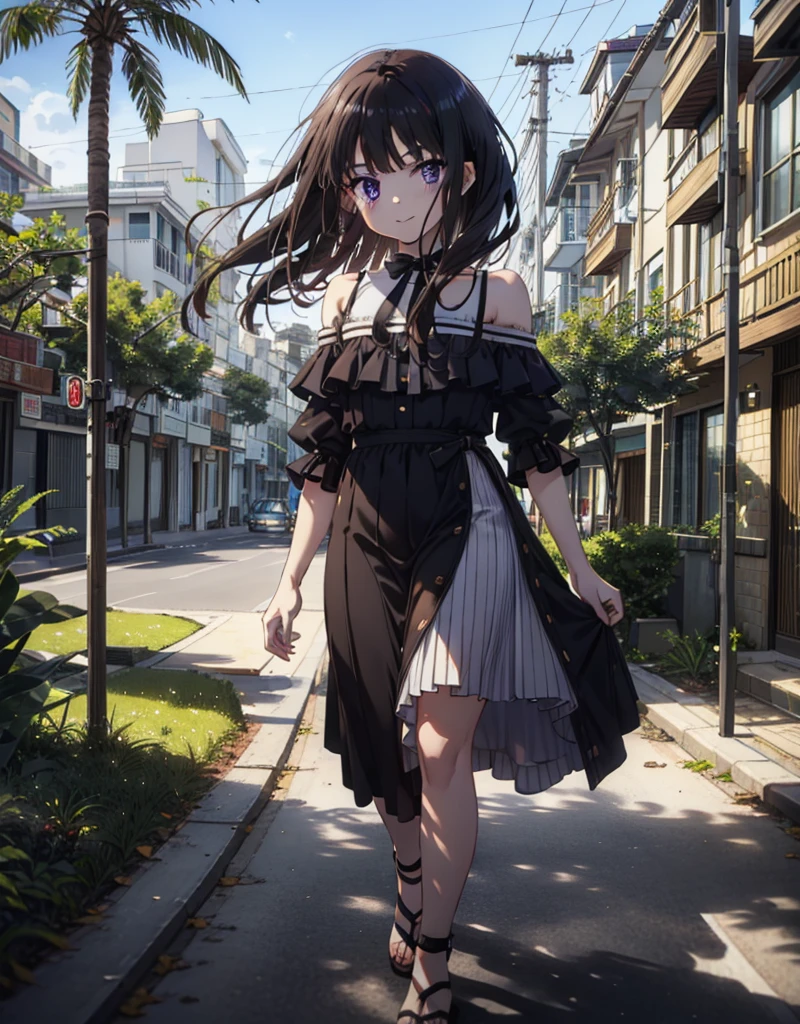 Takiuchikami, Long Hair, bangs, Black Hair, (Purple eyes:1.2),Blue off-shoulder dress,Long skirt,Heeled Sandals,Daytime,sunny,Palm tree,Walking,smile,Shut your mouth.,blush,whole bodyがイラストに入るように,
break outdoors, tropical,Building district,
break looking at viewer, whole body,
break (masterpiece:1.2), Highest quality, High resolution, unity 8k wallpaper, (shape:0.8), (Beautiful attention to detail:1.6), Highly detailed face, Perfect lighting, Extremely detailed CG, (Perfect hands, Perfect Anatomy),