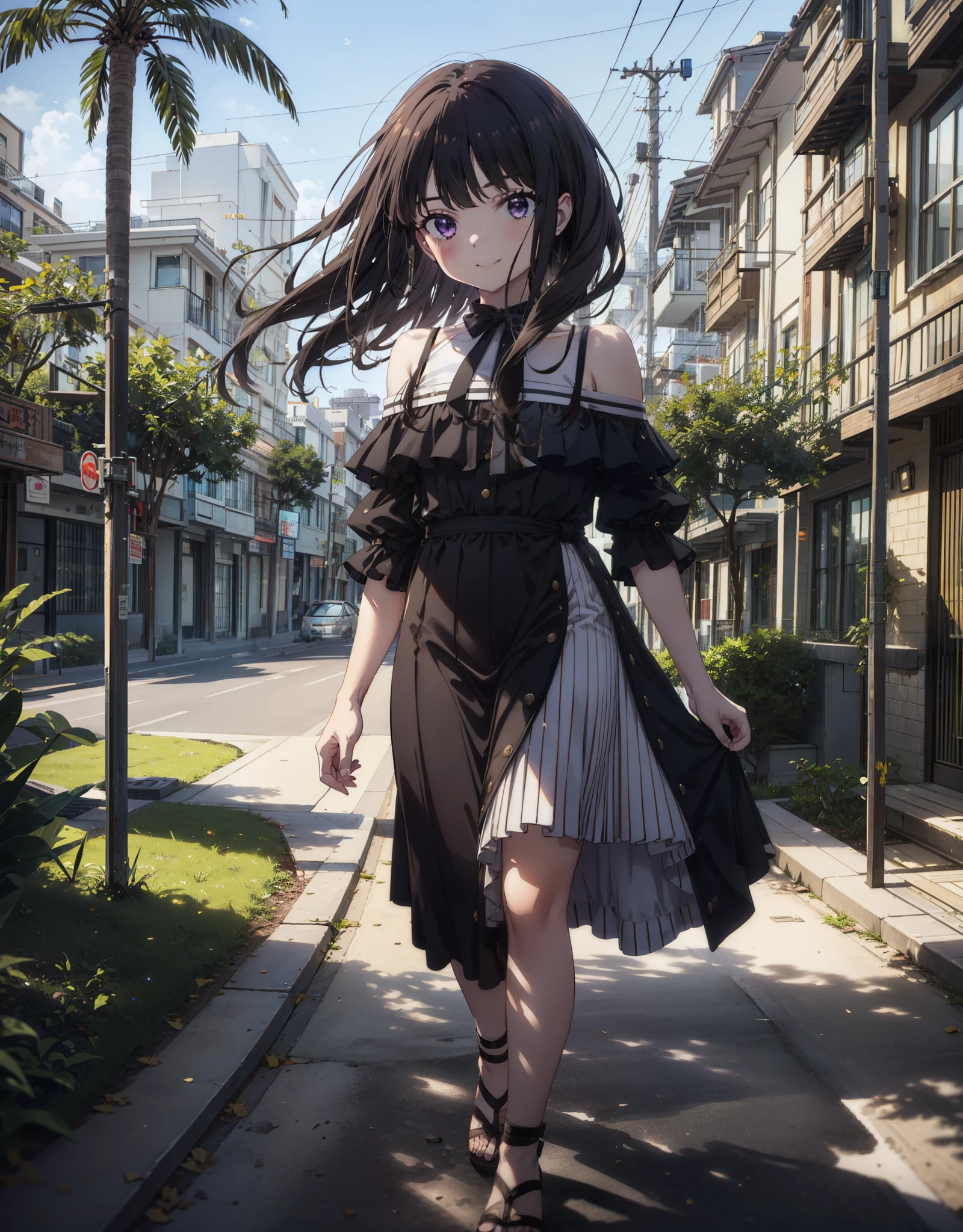 Takiuchikami, Long Hair, bangs, Black Hair, (Purple eyes:1.2),Blue off-shoulder dress,Long skirt,Heeled Sandals,Daytime,sunny,Palm tree,Walking,smile,Shut your mouth.,blush,whole bodyがイラストに入るように,
break outdoors, tropical,Building district,
break looking at viewer, whole body,
break (masterpiece:1.2), Highest quality, High resolution, unity 8k wallpaper, (shape:0.8), (Beautiful attention to detail:1.6), Highly detailed face, Perfect lighting, Extremely detailed CG, (Perfect hands, Perfect Anatomy),