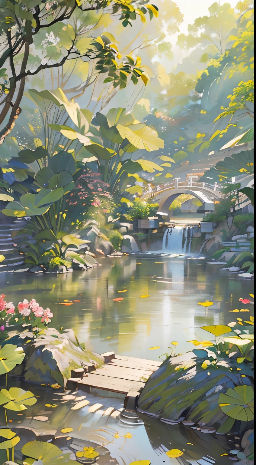 ((Highest quality, masterpiece: 1.2)), CG, 8k, Intricate details, Cinematic Perspective, (Nobody is here), (Chinese gardens), pond filled with lotus Flowers, rock, Flowers, bamboo forest, waterfall, Forest, A small bridge over a babbling brook, detailed foliage and Flowers, (Sunshine Shines, Sparkling waves), Peaceful and calm atmosphere, ((Soft and elegant colors)), ((A finely crafted structure))