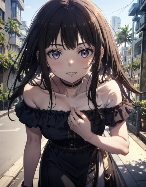 Takiuchikami, Long Hair, bangs, Black Hair, (Purple eyes:1.2),Blue off-shoulder dress,Long skirt,Heeled Sandals,Daytime,sunny,Pa...