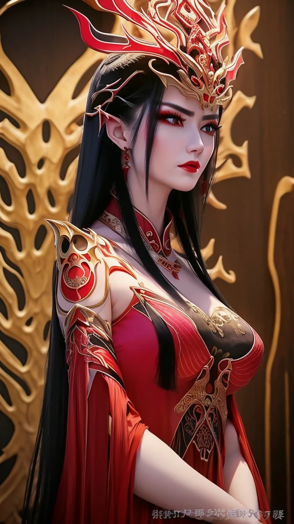 1 very beautiful medusa queen in hanfu, thin red silk shirt with many motifs,black lace top,crown on her head,long hair dyed black, beautiful hair jewelry,big red eyes,sharp eye makeup, meticulous eye lash make up, thin eye brows, high nose,pretty red lips,rosy cheaks,normal breasts,well-proportioned breasts,slim waist,red mesh stockings with black border, chinese hanfu style, fictional art patterns, vivid and realistic colours