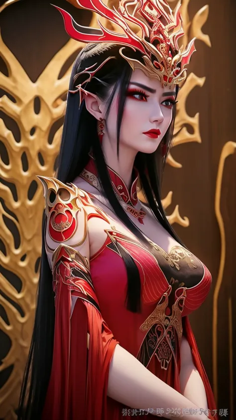 1 very beautiful medusa queen in hanfu, thin red silk shirt with many motifs,black lace top,crown on her head,long hair dyed bla...