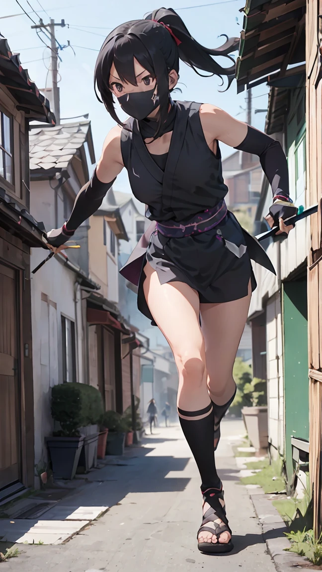 Ninja-Mädchen, schwarzes Haar, Pferdeschwanz, hält ein Kurzschwert, vorwärts rennen, Ninja-Outfit, Ninja-Kostüme, ärmellos, Anime-Serie, Schlagschatten, gute Qualität, highres, beste Qualität, Meisterwerk