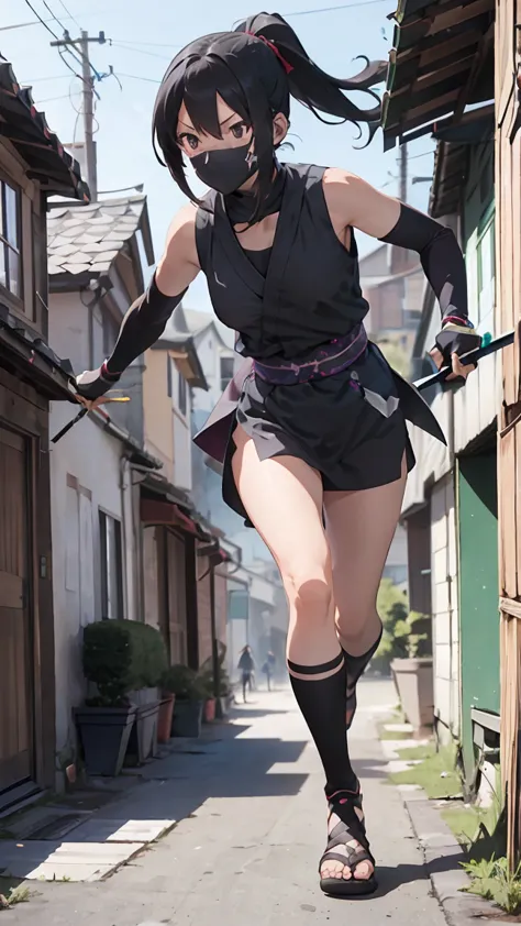 ninja girl, black hair, ponytail, holding a short sword, running forward, ninja outfit, ninja costume, sleeveless, anime, drop s...