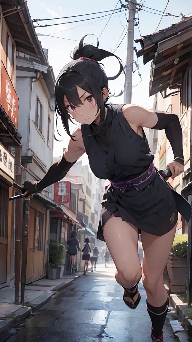 Ninja girl, black hair, ponytail, holding a short sword, running forward, ninja outfit, ninja costume, sleeveless, anime, drop shadow, high quality, highres, best quality, masterpiece, Edo period streetscape, midnight, starlight, moonlight