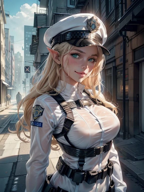 masterpiece, Highest quality, Highly detailed CG Unity 8K wallpapers,((whole body)), ((Future City)), (Long pointy ears), (Elegant long wavy platinum blonde hair), (A toned and slender body), ((Self-illuminating skin)), (((Black police uniform on white: 1.2, Full Harness, Equipment Belt))), (She has a gun), (Geometric hat), (Sweaty, Wet white skin), (In front of a police car), (blush), (Captivating smile), (so beautiful, Symmetrical face), (Detailed and beautiful green eyes), fine grain, Key Art, Awards, intricate detail realism hdr, Photorealism, Hyperrealism, Ultra-realistic, Dramatic Light, Nice views, Written boundary depth