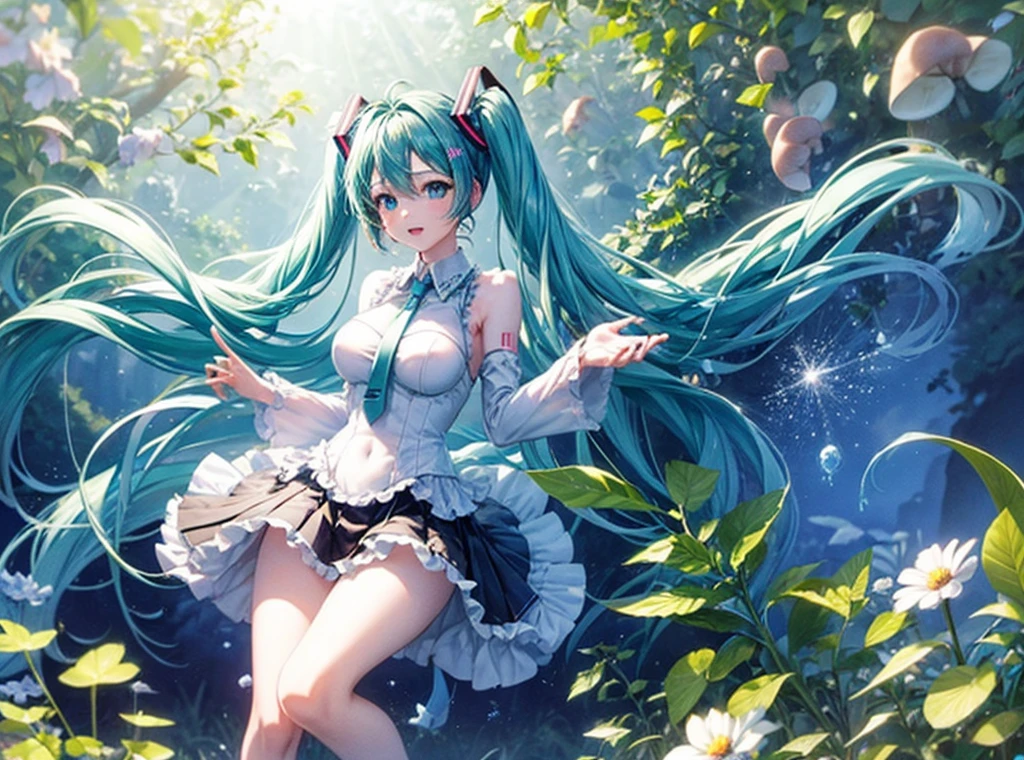 descrição de corpo inteiro､Hatsune Miku cantando em uma floresta azul e verde brilhante､O fundo está pontilhado de cogumelos brilhantes e plantas brilhantes.、Bolhas de sabão estão voando ao redor de Hatsune Miku､Os figurinos são desenhados com elementos da floresta、O chão é acentuado com folhas e flores.､A luz do sol do céu brilha sobre ela como um holofote。usando um vestido azul claro､Corpo anatomicamente correto､((seios grandes))､pernas longas e finas､Pele branca､Hatsune Miku está alcançando uma pequena fada voando na frente dela､