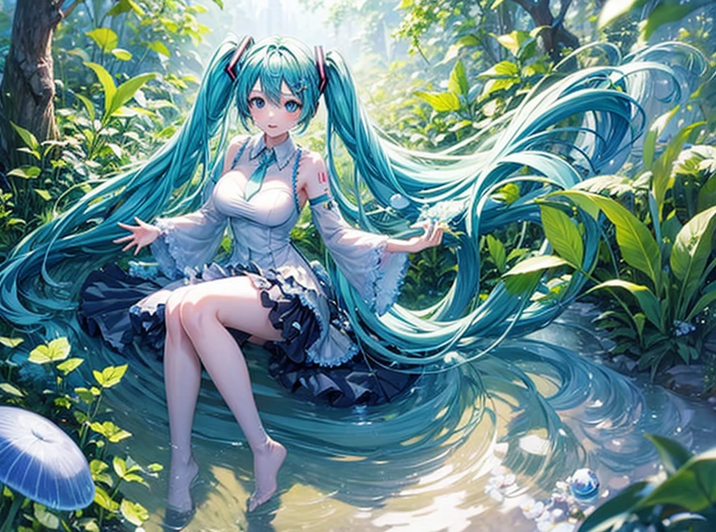 descrição de corpo inteiro､Hatsune Miku cantando em uma floresta azul e verde brilhante､O fundo está pontilhado de cogumelos brilhantes e plantas brilhantes.、Bolhas de sabão estão voando ao redor de Hatsune Miku､Os figurinos são desenhados com elementos da floresta、O chão é acentuado com folhas e flores.､A luz do sol do céu brilha sobre ela como um holofote。usando um vestido azul claro､Corpo anatomicamente correto､((seios grandes))､pernas longas e finas､Pele branca､Hatsune Miku está alcançando uma pequena fada voando na frente dela､