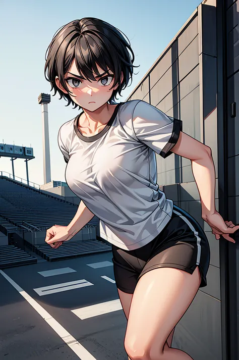 1 men, with short black hair, gray eyes, with a determined face, in loose t-shirt, on the stadium, half body, high res, ultrasha...