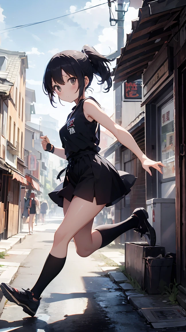 Ninja girl, black hair, ponytail, holding a short sword, running forward, ninja outfit, ninja costume, sleeveless, anime, drop shadow, high quality, highres, best quality, masterpiece, Edo period streetscape, midnight, starlight, moonlight