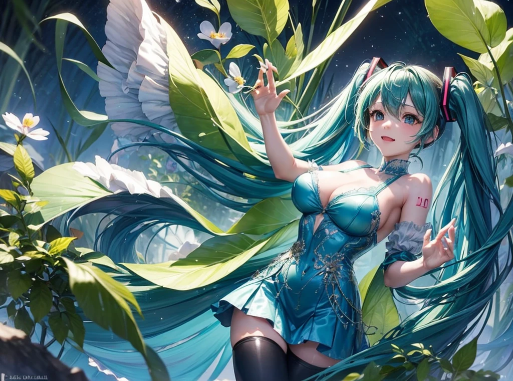 descripción de cuerpo completo､Hatsune Miku cantando en un brillante bosque azul y verde､El fondo está salpicado de setas y plantas brillantes..、Pompas de jabón vuelan alrededor de Hatsune Miku､Los disfraces están diseñados con elementos del bosque.、El suelo está acentuado con hojas y flores..､La luz del sol del cielo brilla sobre ella como un foco.。Llevando un vestido azul claro､Cuerpo anatómicamente correcto､((pechos grandes))､piernas largas y delgadas､piel blanca､Hatsune Miku se acerca a una pequeña hada que vuela frente a ella.､