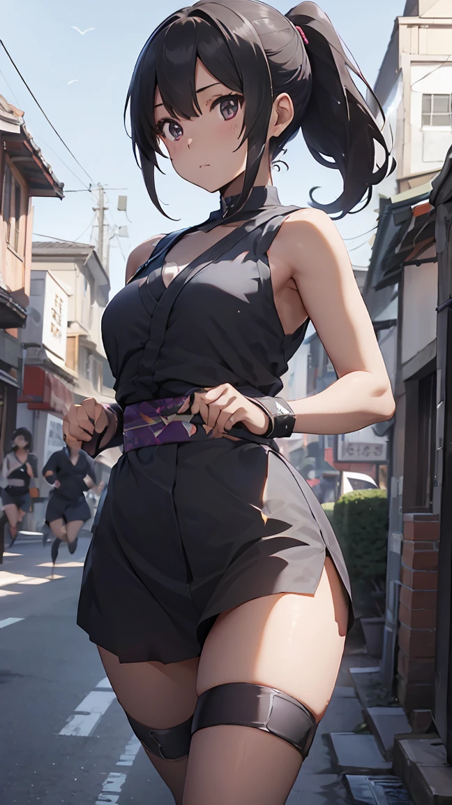 ninja, Ninja girl, black hair, ponytail, holding a short sword, running forward, ninja outfit, ninja costume, sleeveless, anime, drop shadow, high quality, highres, best quality, masterpiece, Edo period streetscape, midnight, starlight, moonlight