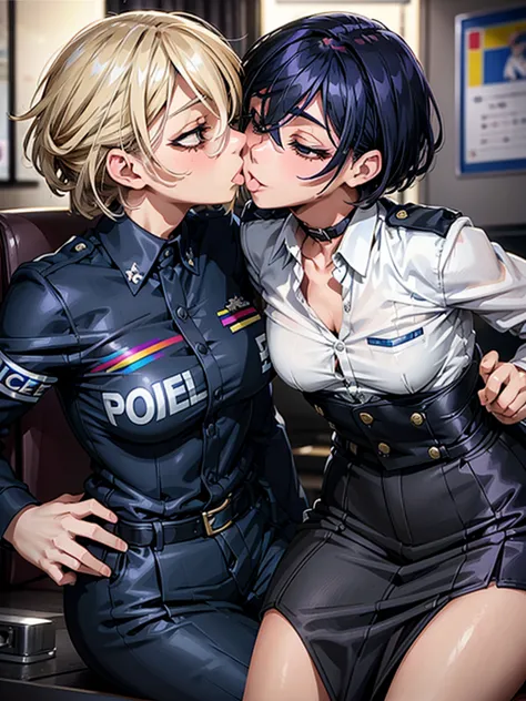 Two female police women having fun in the police office、lesbian mika、Greedy kiss、Yodare、tongue、Modest chest、((small breasts))