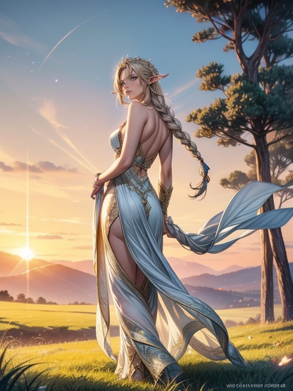 An elegant elf girl standing on the grassland, A delicate face illuminated by the soft light of the setting sun. Her long, Flowing hair running down her back, Decorated with intricate braids、Adorned with sparkling jewels. This stunning photo is、、、It captures the mysterious beauty of elves.. Slender figure in silk dress、Swaying in the soft grassland breeze. Attention to detail、Face、This is evident in the intricate pattern of the dress and the subtle highlights of the light.. skin. The breathtaking depiction of the elven girl、、Create an enchanting atmosphere、Invite the viewer into a magical world.