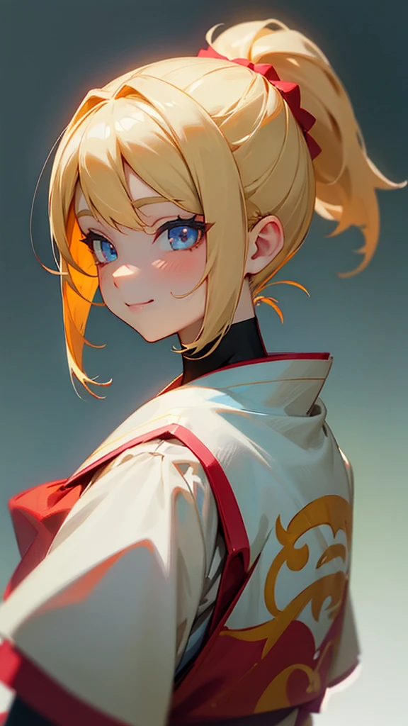 1 fille、Peintures de style anime、cheveux blond、demi-queue de cheval、Les beaux yeux de Ruby、sourire、Du côté、Gros plan du haut du corps、Vêtements à base de blanc