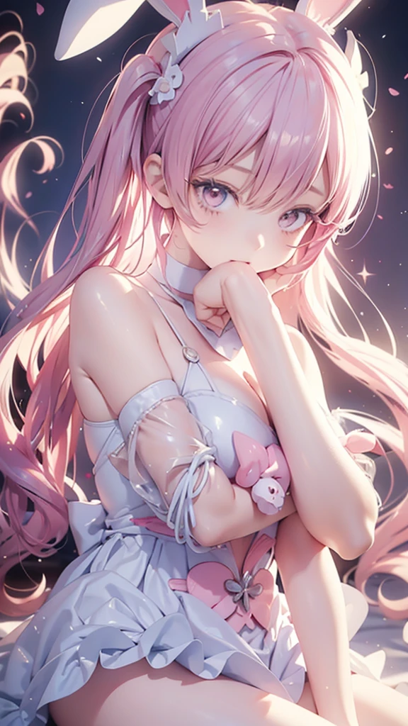 Anime Style, Cartoon close-up of a woman with bunny ears and a tail, With rabbit tail, With rabbit ears, Girl Design, times, Portraiture, Gisha, Anime Images, Long Hair, Pink Hair, Hair covering the ears, Happy, Sophisticated and powerful appearance, exotic, expensive  