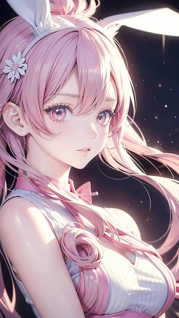 Anime Style, Cartoon close-up of a woman with bunny ears and a tail, With rabbit tail, With rabbit ears, Girl Design, times, Portraiture, Gisha, Anime Images, Long Hair, Pink Hair, Hair covering the ears, Happy, Sophisticated and powerful appearance, exotic, expensive  